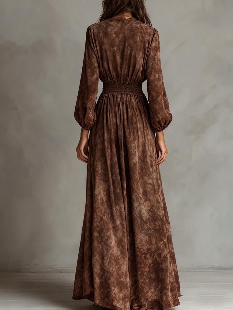 Bohemian Retro Tie-Dye V-Neck Waist-Cinching Long Skirt - 2026 Spring/Autumn Collection