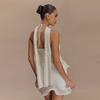 Knitted Halter Mini Dress Sleeveless Crochet Ruffled Tights Short Skirt