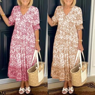 Summer Women Half Sleeved Cutout V-Neck Twist Elegant Tie Dyed Floral Printed  Thigh Maxi Dress