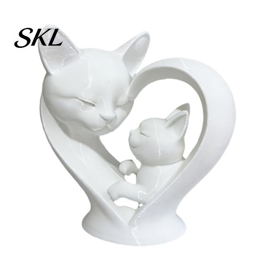 Cat Parent Child Ornament Mother Baby Figurine, 3D Printed Heart Sculpture for Desk Decor, Healing Gift Modern Art Statue Living Room Study,