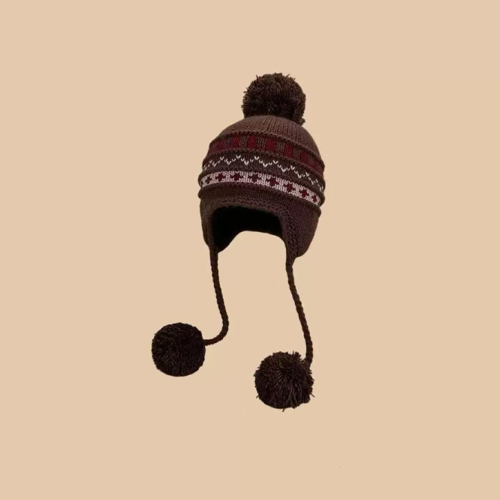 Winter big head circumference fleece warm wool hat cold protection ear cover hat, Fair Island wind hairball knitted hat