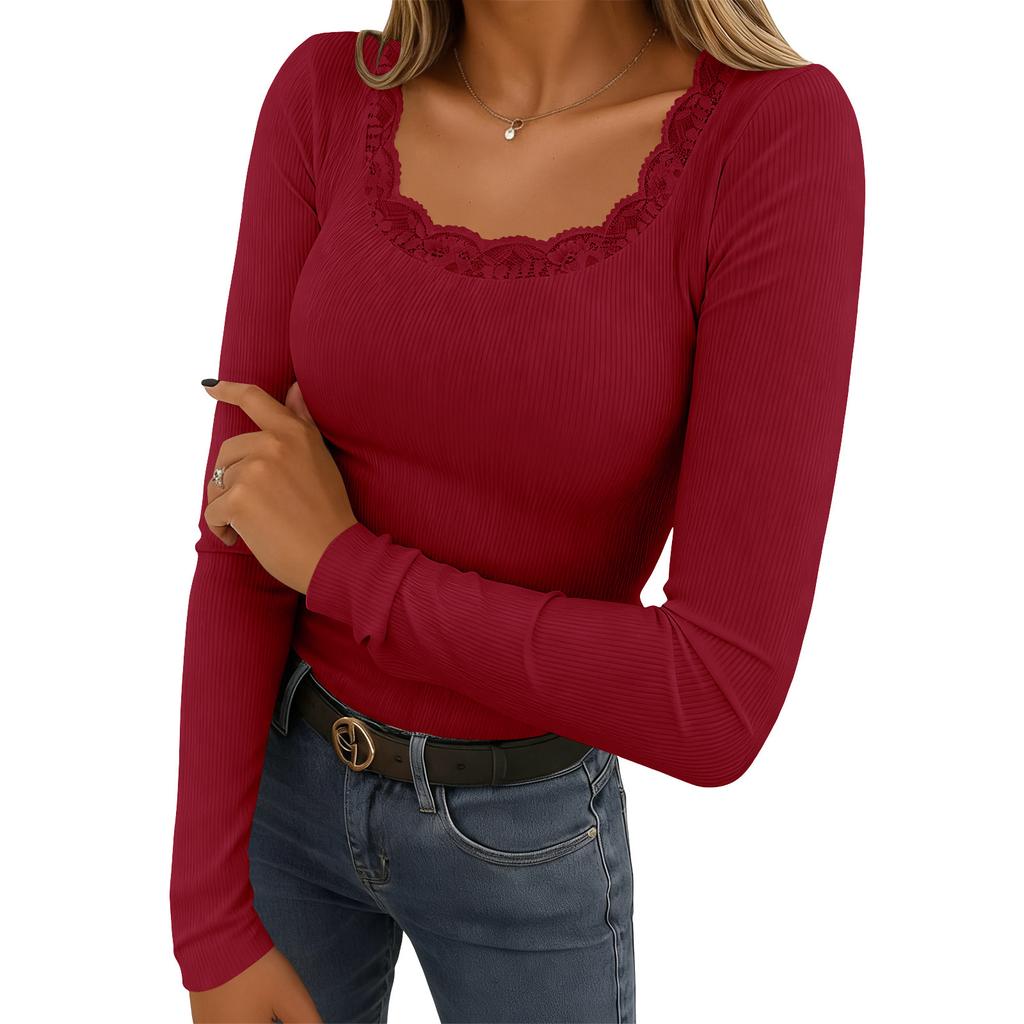 Women's Casual Color Lace Stitching Square Collar Long Sleeve Top