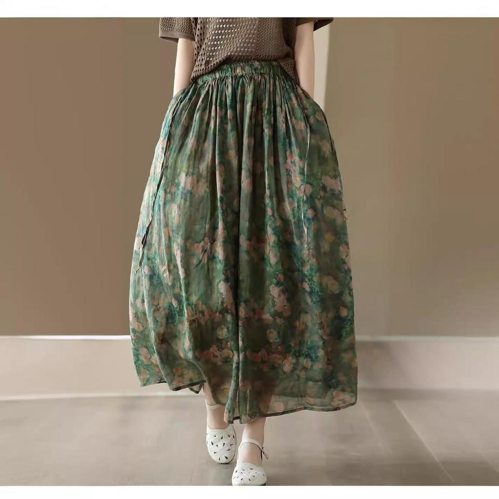 Summer 2023 Women's Vintage Floral Midi Skirt - Heavy Duty Cotton Linen, Flowy Design