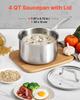 4 QT Saucepan, Stainless Steel Saucepan with Glass Lid, Multipurpose Nonstick Stainless Steel Small Cooking Sauce Pot with Ergonomic Handle, Friendly