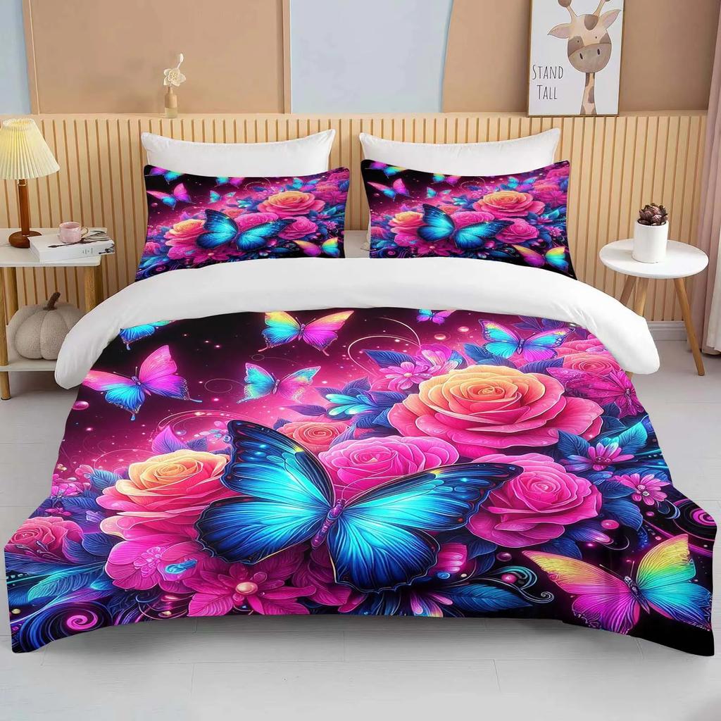 Neon Romantic Butterfly Roses Print Bedding Set Duvet Cover 1 Duvet Cover 2 Pillowcases Adult and Children Bedding Set Luxury