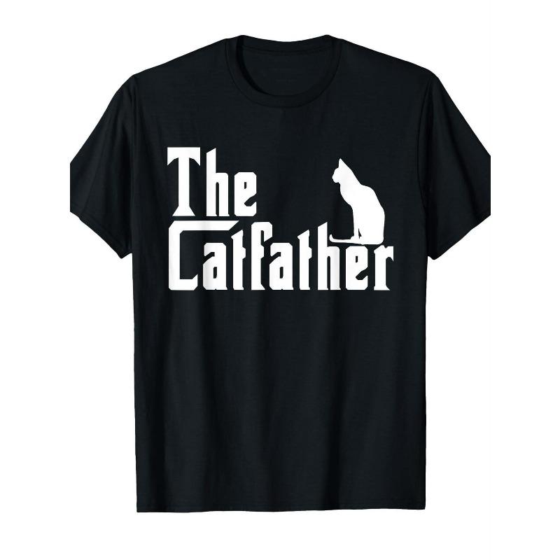 

Европейские размеры [Подарок для владельцев кошек] Мужская забавная футболка с графическим принтом Папа кошек - The Catfather Смелый белый принт на черном, Комфорт на все сезоны S чёрный