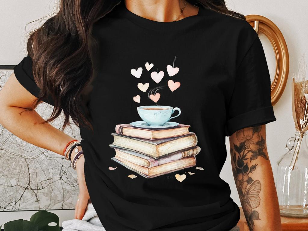 Cottagecore Aesthetic T-Shirt, Vintage Books Coffee Heart Design, Cute Graphic Tee, Cozy Book Lover Shirt, Boho Cottagecore Style