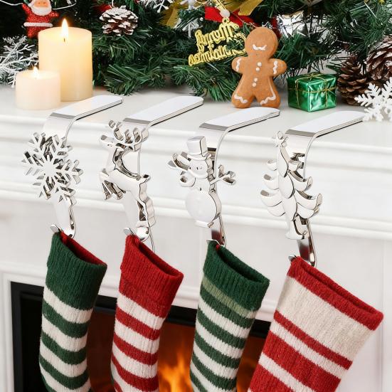 Mantel Christmas Stocking Hook Metal Stocking Holder on Fireplace Snowflake Reindeer Tree Santa Mantel Hook for Hanging Holiday Decorations Garlands