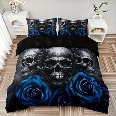 Mode Blaue Rose Totenkopf Druck Bettbezug Weiches Bequemes Bettwäsche-Set Für Schlafzimmer (1 * Bettbezug + 2 * Kissenbezug) Für Halloween