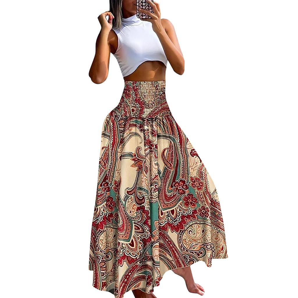 Women’s Casual Loose Boho Elastic Waist A-Line Beach Flowy Swing Vacation Floral Printing Maxi Skirt