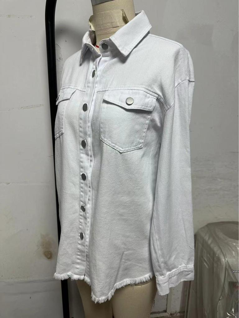 Women's Cross-Border Washed Denim Shirt Jacket - European & American Autumn/Winter Street Style with Frayed Hem