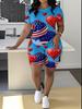 1116 new casual sports style digital printing shoulder sleeve T-shirt high waist tight shorts fashion suit women