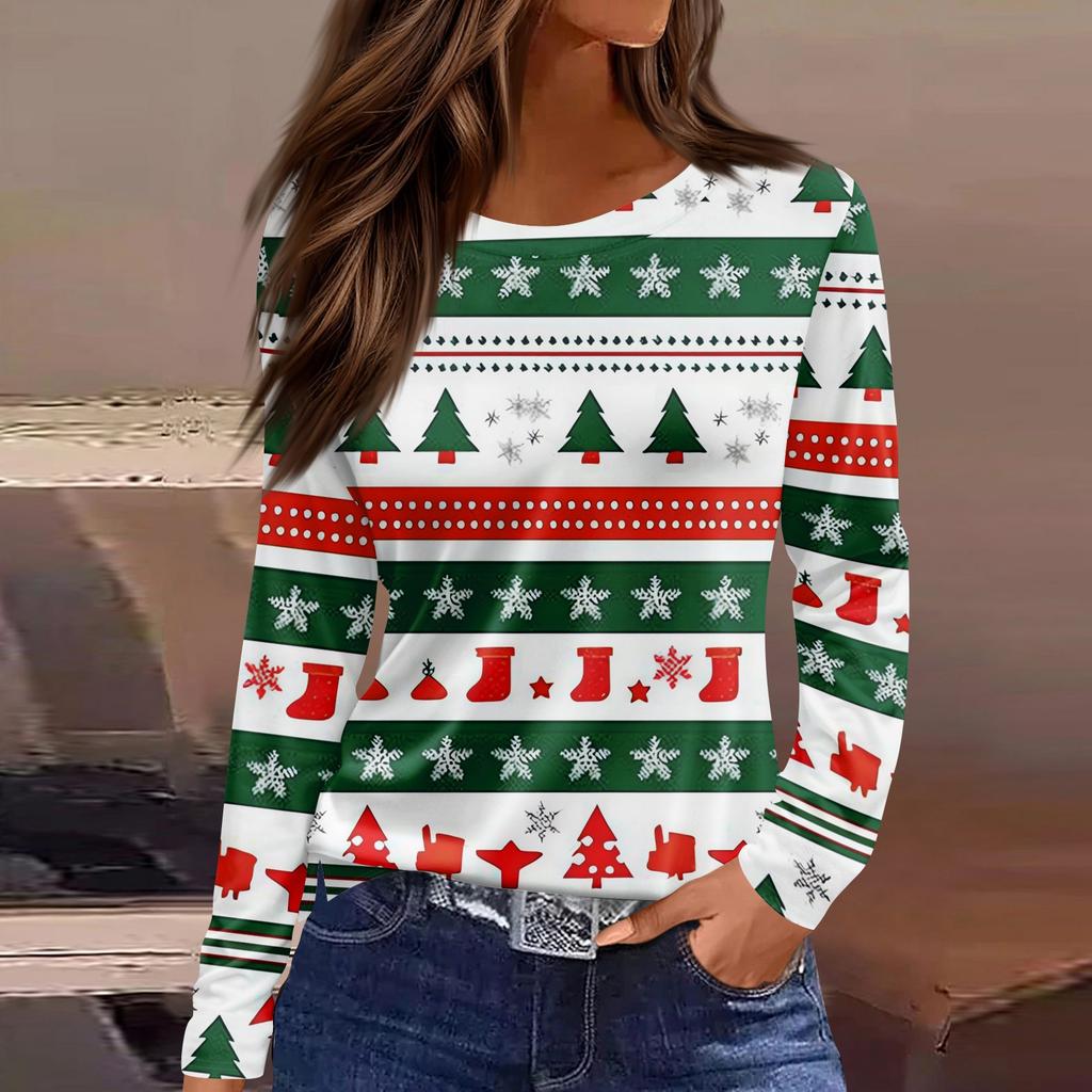 Women's Fashion Casual Slit Hem Round Neck Long Sleeve Loose Christmas Printed T-Shirt Ladies Top