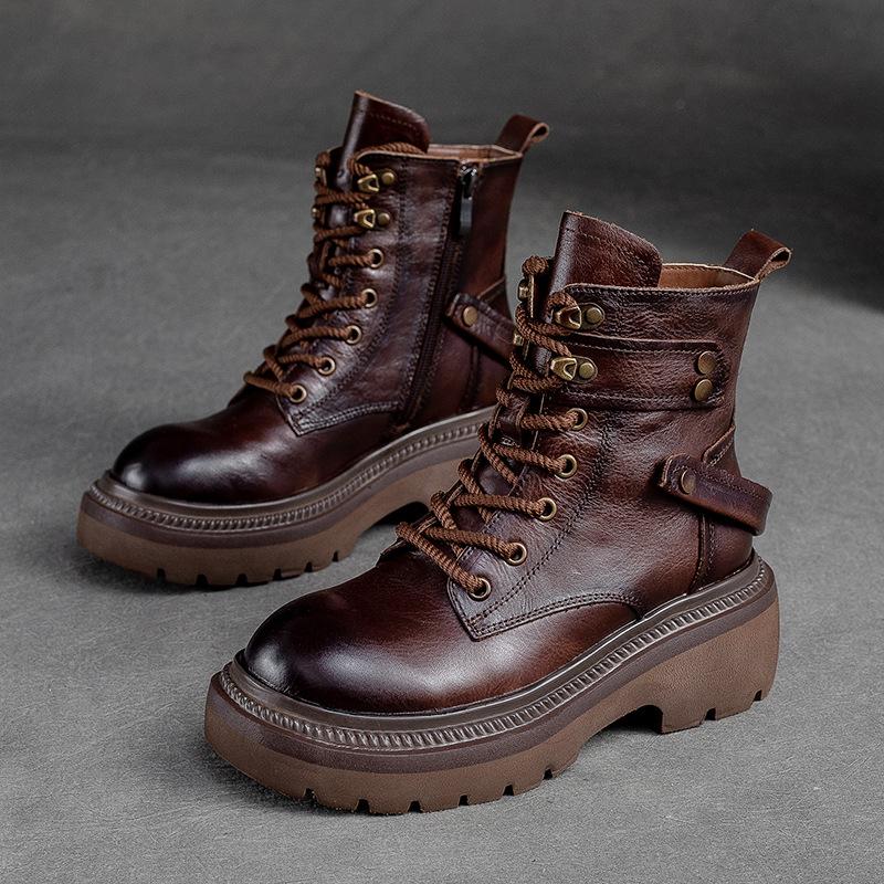 Mode 6CM Damen Leder Stiefeletten 6cm Frühling Kuh Echt Rund Zehen Herbst Plateau Keil Mokassins Ethno Bequeme Ballerinas Schuhe