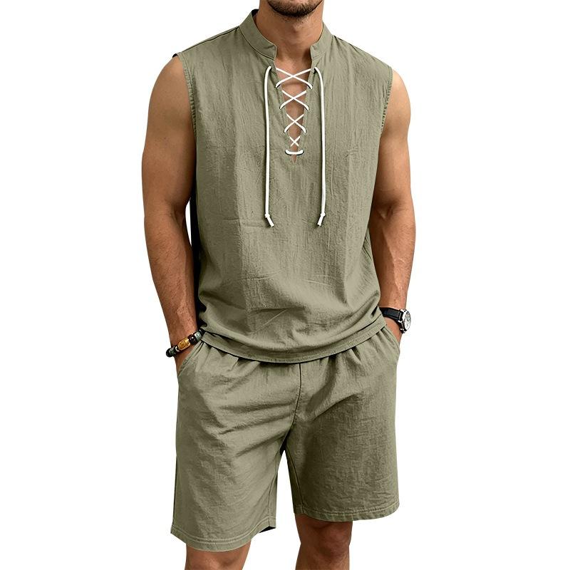Men Solid Linen 2 Piece Outfit Mandarin Collar Lace Up Sleeveless Tank Drawstring Shorts Beach Set