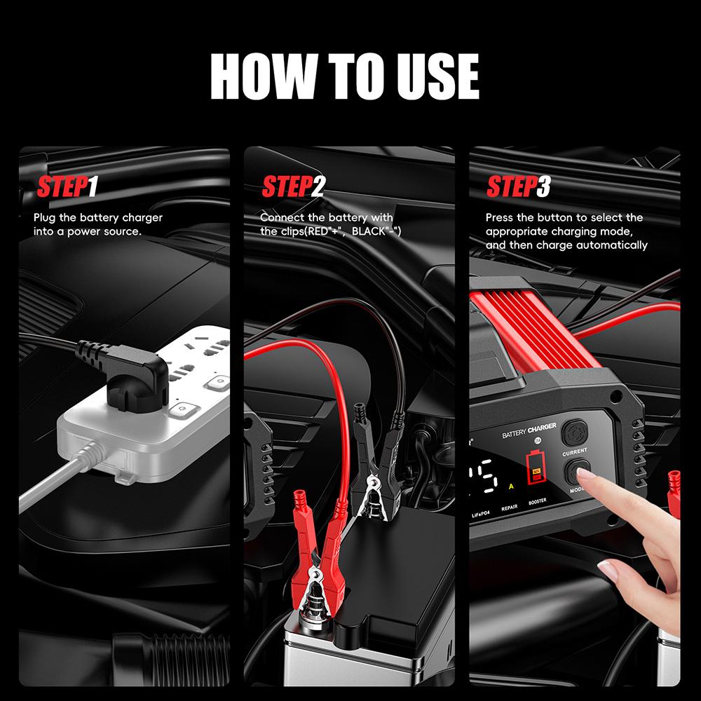 12V 24V FOXSUR FPT-250 Car Battery Charger For Car Motorcycle Truck High-Power Booster Pulse Repair for Lead-Acid AGM LiFePo4