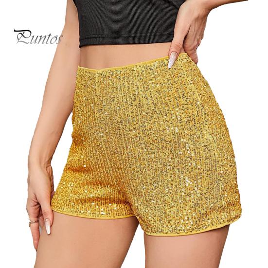 

Женские шорты с высокой эластичной резинкой на талии и блестящими блестками, однотонные, прямые, облегающие, мягкие, дышащие, длиной выше колена, для клубных вечеринок, пляжные мини-шорты XL жёлтый