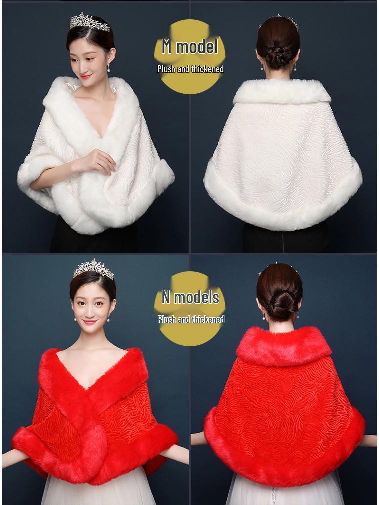 Korean Wedding Fur Shawl: Autumn/Winter Bridal Cape, Fashionable and Warm In White or Red