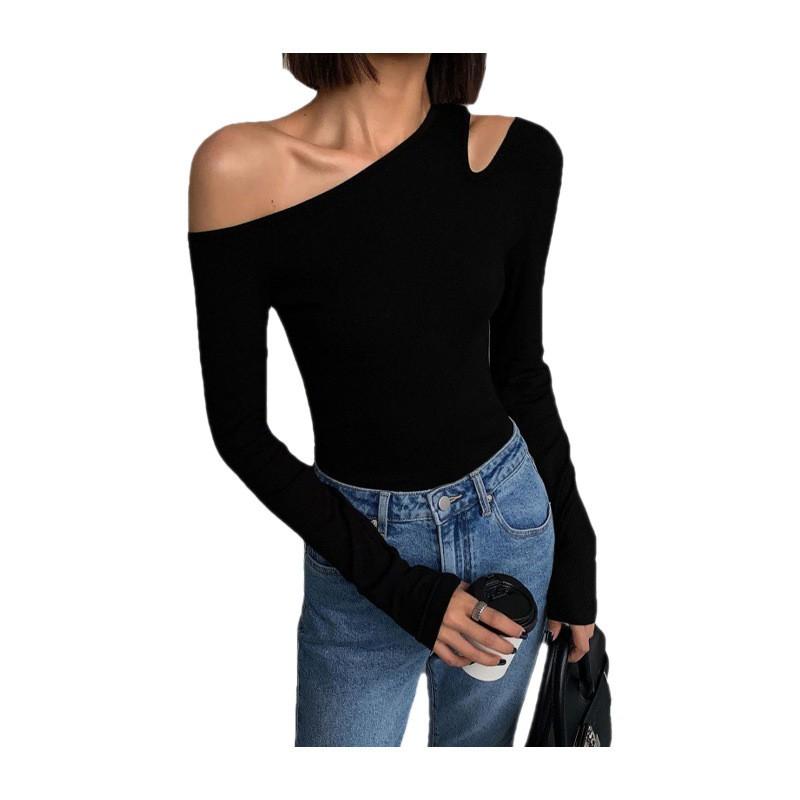 Womens Black Long Sleeve Slim Fit Off Shoulder Top Milk Silk Base Layer T-Shirt Elegant Casual Wear