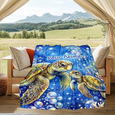 1PC Custom Name Oceanic Turtle Journey Flannel Blanket Versatile,all-season Throw Suitable for the Living Room,bedroom,camping,travel,and Gift