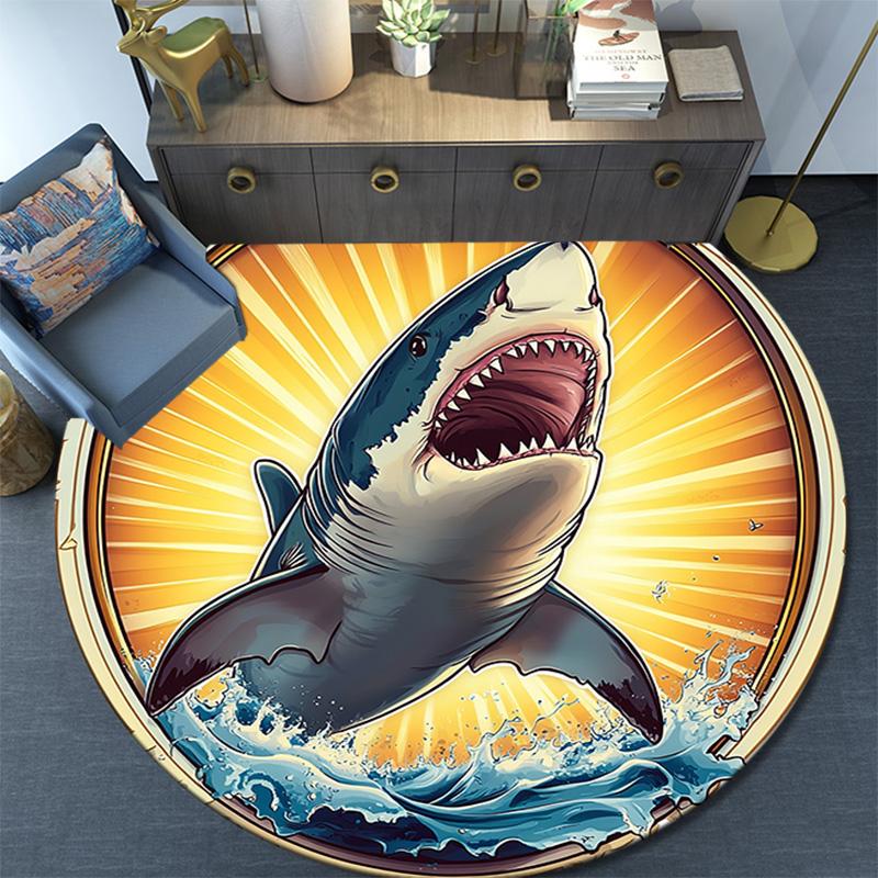 Great White Shark Round Area Rug,Carpet Rug for Living Room Bedroom Sofa Playroom Decor,Non-slip Floor Mat