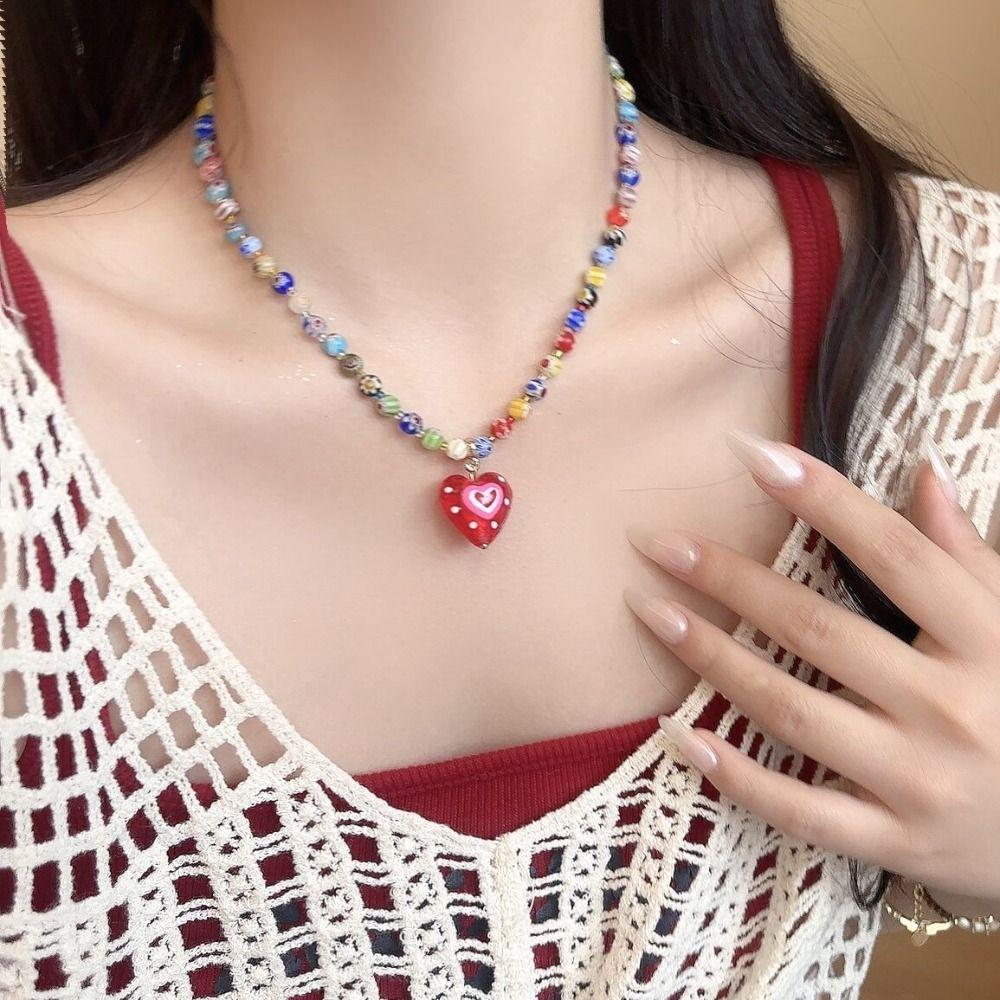 Adjustable Necklace Heart-shaped Pendant Beads Chain New Collarbone Chains  for Women