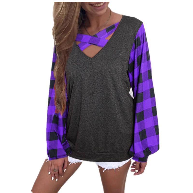 

European American Large Size Plaid Lantern Sleeves V-neck T-shirt Sweater 5XL фіолетовий