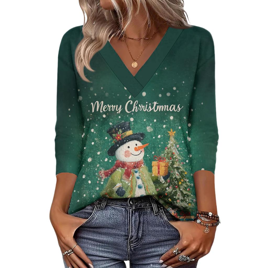 Women's Loose Comfortable Casual Fashion V-Neck Christmas Print 3/4 Sleeve Top