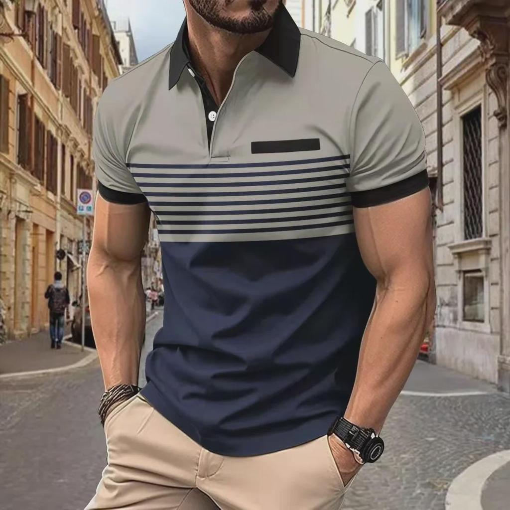 2024 Men's Striped Casual Polo Shirt with Button Lapel and Short Sleeves