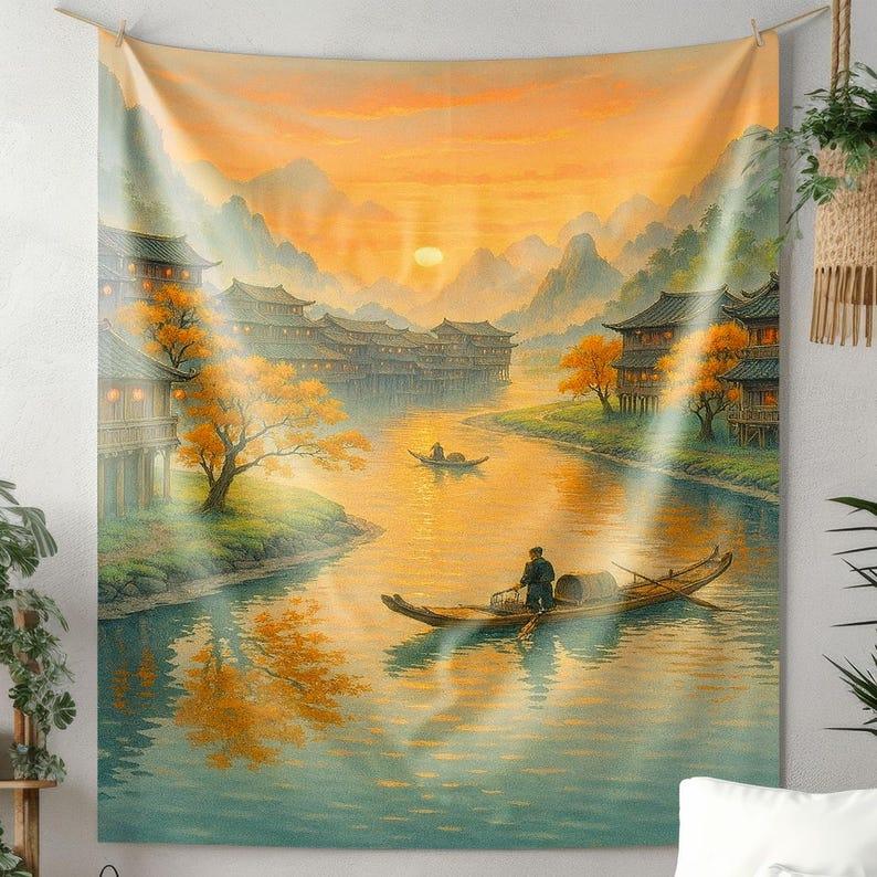 Sunset Riverside Village tapestry 75x100