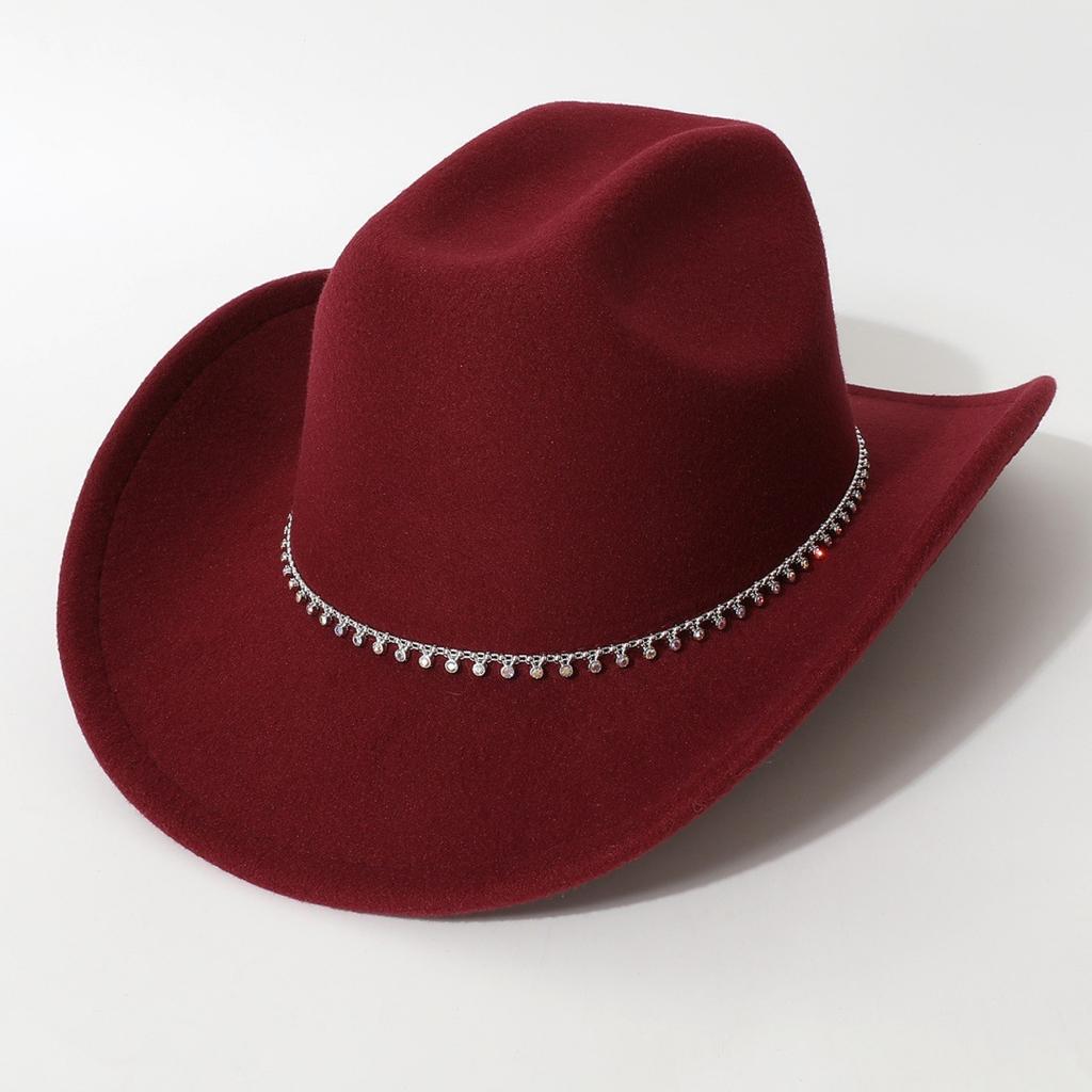 New European and American style flat-top woolen hat, western cowboy hat, unisex hat, equestrian hat with single row of rhinestones