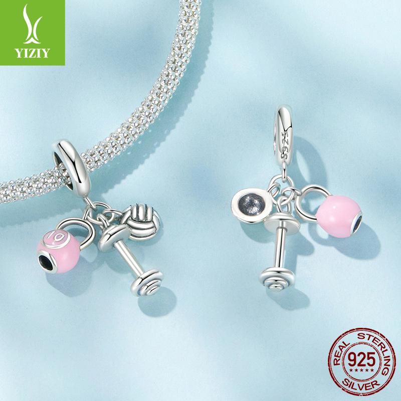 Pink Kettlebell Volleyball Dumbbell Pendant Accessories Sweet Sports Wind S925 Sterling Silver Beaded
