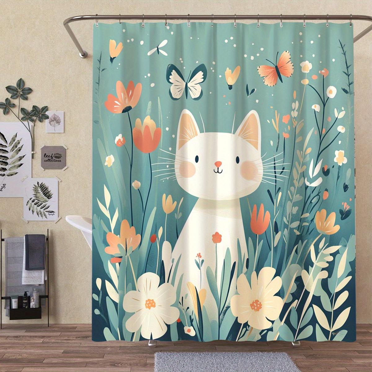1pc Spring Delicate Cat and Butterfly Shower Curtain, Woven Design, Soft Floral and Butterfly Pattern, Bathroom Curtain 90X180cm