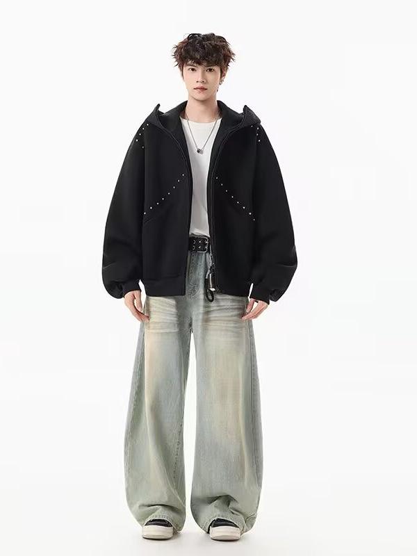 Men's Autumn/Winter Designer Rivet Patch Doberman Ear Hooded Sweatshirt - Trendy Versatile Heavyweight Cardigan Jacket