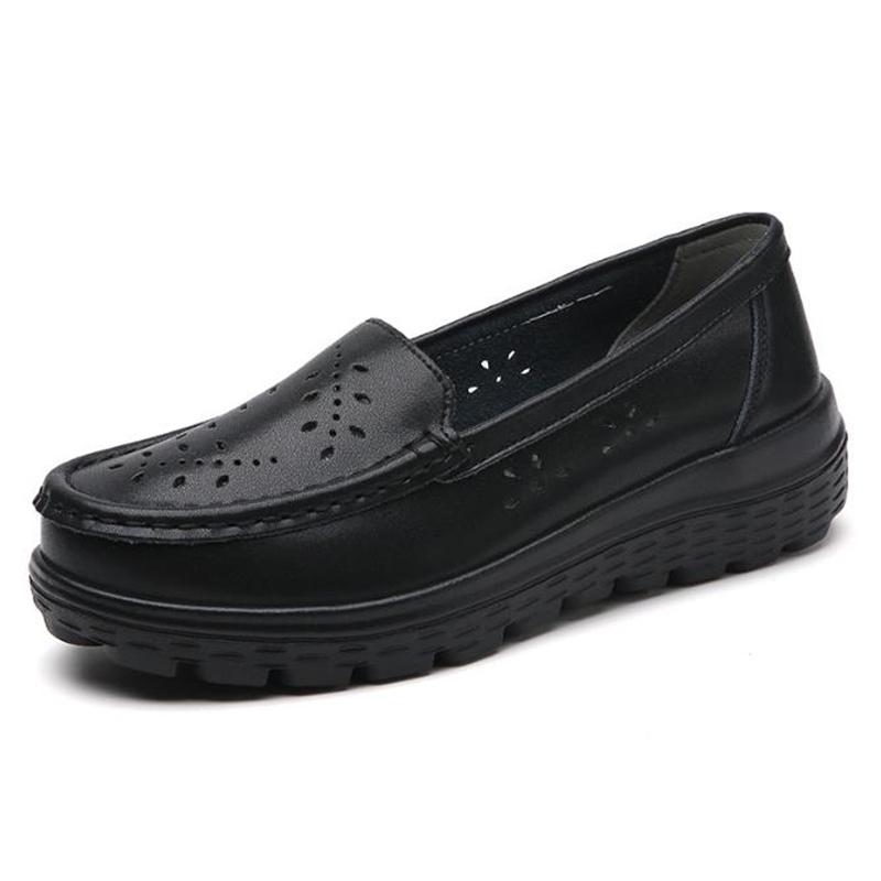 Fashion Women Genuine Leather Flat Nurse Shoes Casual White Wedge Fashion Slip on Non-slip Loafers Women Comfort Hollow Out Work Shoes