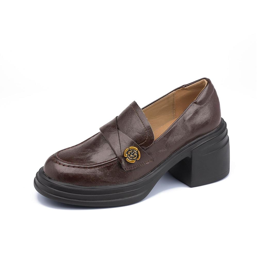Retro small leather shoes women's cream leather high texture French outerwear loafers small thick sole heightening shallow mouth women's shoes