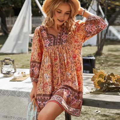 Καλοκαιρινό γυναικείο φόρεμα Bohemian style floral print V λαιμόκοψη με κορδόνι με μακρυμάνικο συνονθύλευμα