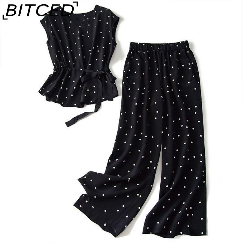 

BITCED Летний модный комплект из двух предметов из шифона, утягивающий талию, утягивающий, топ в горошек и широкие брюки M чёрный