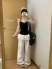 Women's White Bow Spaghetti Strap Ballet Tank Top with Lace Ruffle Hem