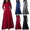 New Spring Women Heaps Collar Long Sleeve Pocket Pure Color Slim Waist Big Hem Dress Long Dress Plus Szie
