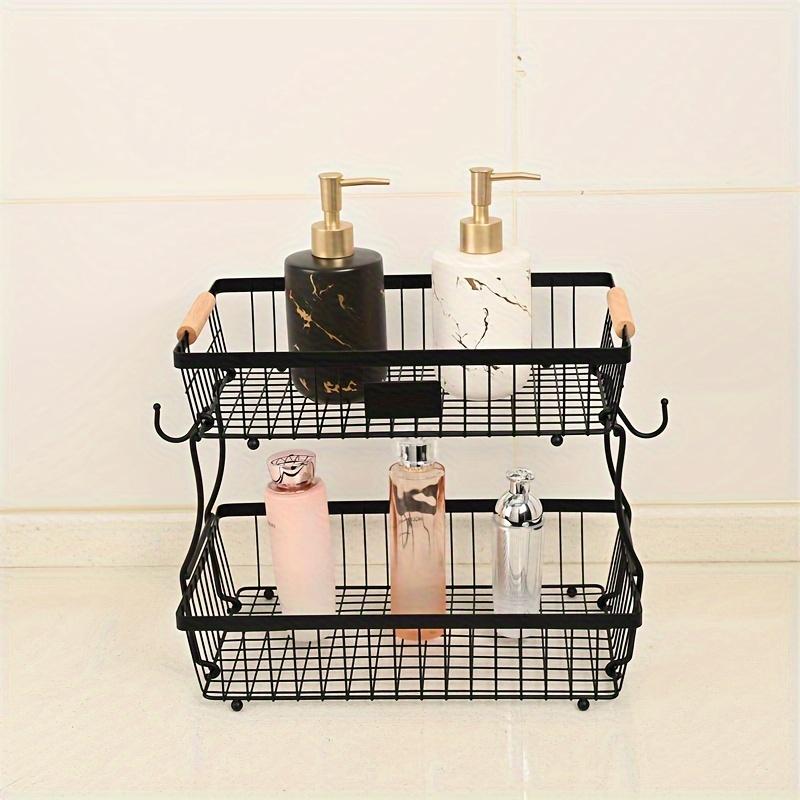 2-Tier Metal Fruit Basket with Banana Hooks, Durable Black Wire Storage Rack for Kitchen Countertop, Multi-Functional Storage