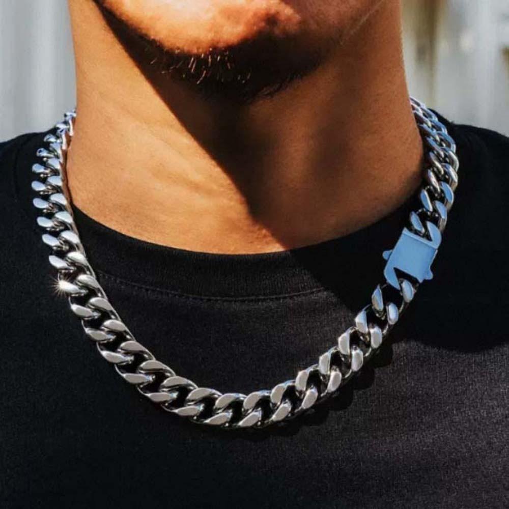 Metal Silver-plated Neck Chain Square Buckle Exaggerated Men Necklace  Clothing Accessories