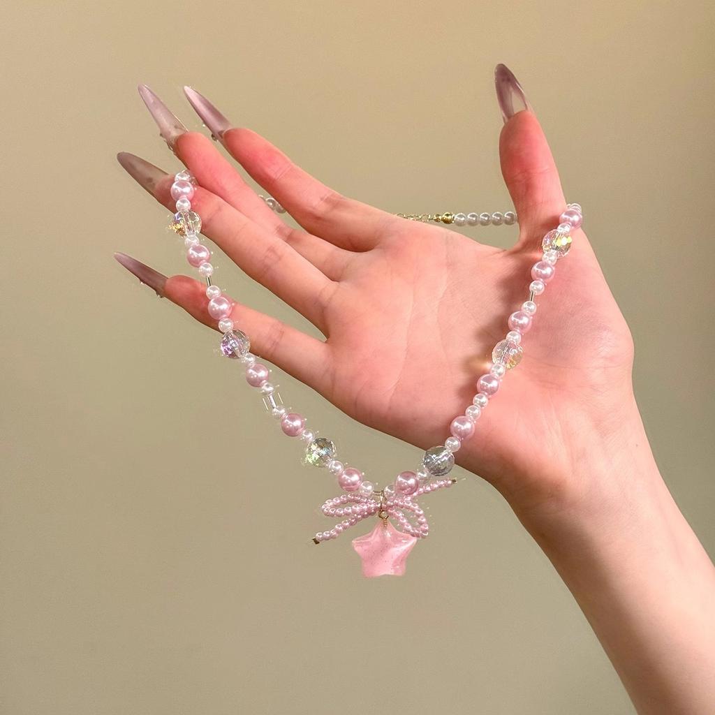 Sweet heart~ Pink cute bow beaded star stud earrings sweet temperament niche sweet temperament necklace