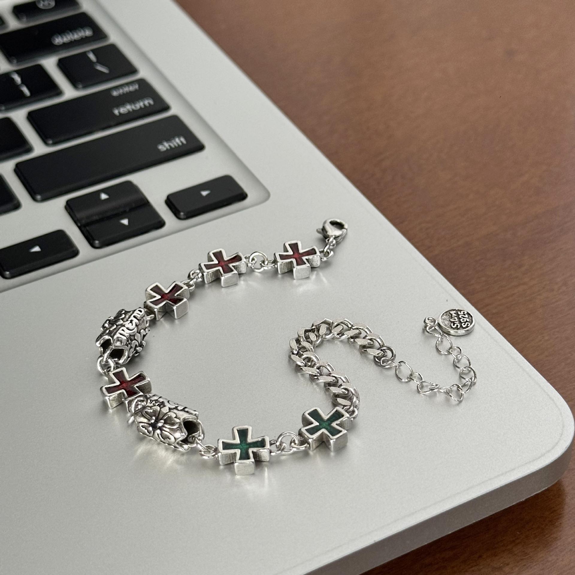 Cold Wind Enamel Cross Bracelet Female Niche Design Simple Retro Hip Hop Crown Passepartout Barrel Beads