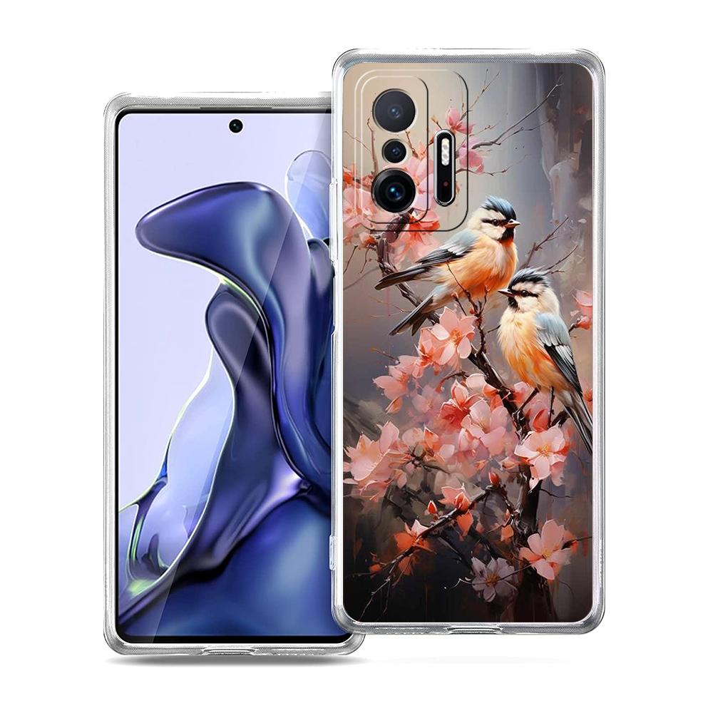 Transparent Phone Case for Xiaomi Mi 14 13 12 11 Ultra 13T 12T 11T Poco X3 NFC F3 F6 Pro 5G Soft TPU Flower Floral Bird Pattern