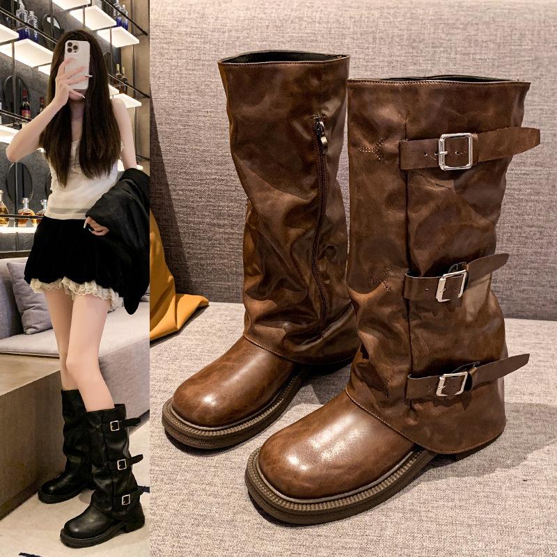 Retro western cowboy boots women's 2025 autumn and winter new Internet celebrity belt buckle trouser tube side zipper black knight boots