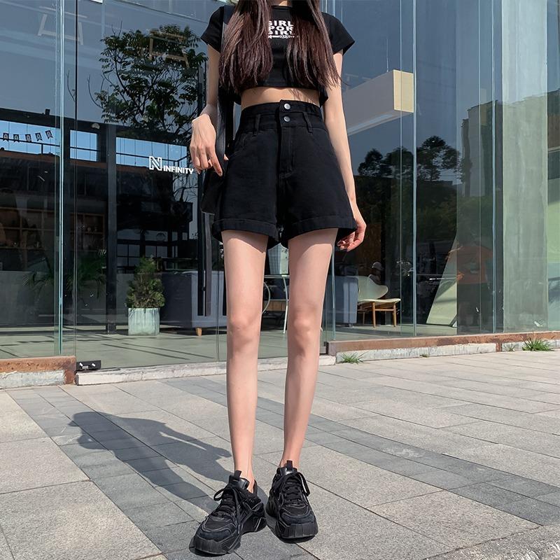 Skinny Fashionable Versatile Black Ultra-high-waist Denim Shorts Female Design Sense Double-button Loose Thin Outside Straight Rolled Wide-leg Pants