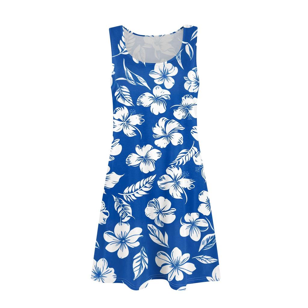 Damen Sommer Casual U-Ausschnitt Blumendruck Kleid Ärmelloses Kleid mit Taschen