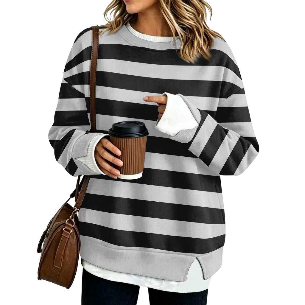 Women's Fashion Casual Striped Long Sleeve Sweatshirt Two-Piece Loose Fit Pullover Top