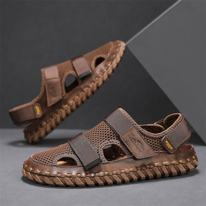 Casual Hiking Shoes Soft Wear-resistant Soles Men's Cowhide Sandals Hollowed Out Men's Mesh Shoes Breathable Versatile Red Brown